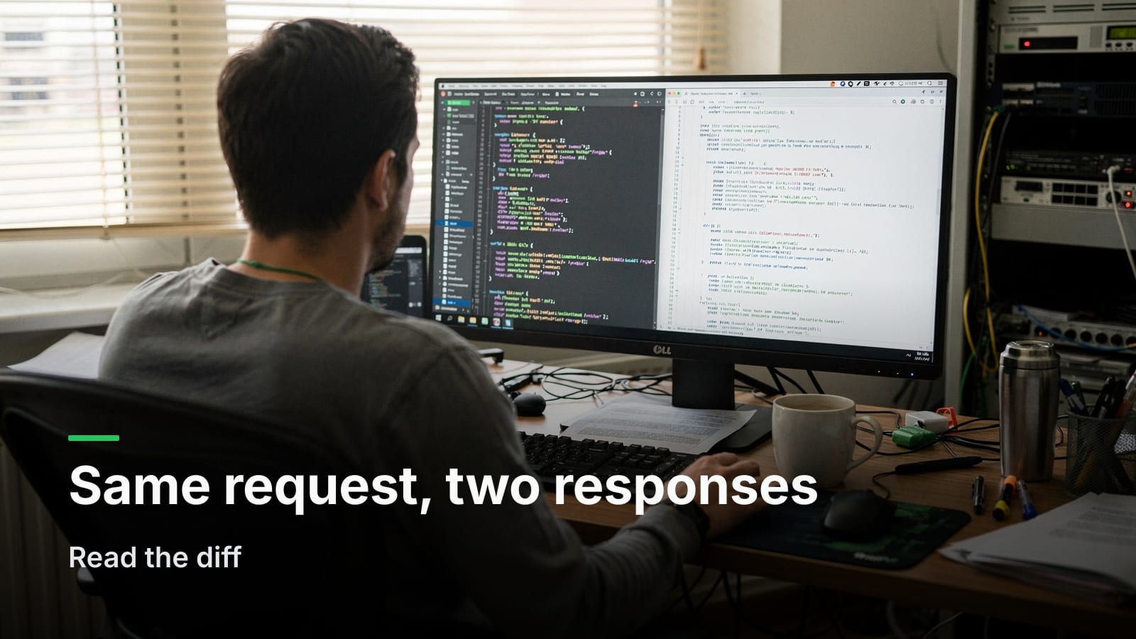 Developer seen from behind comparing two JSON API responses in split browser windows on a desk monitor.