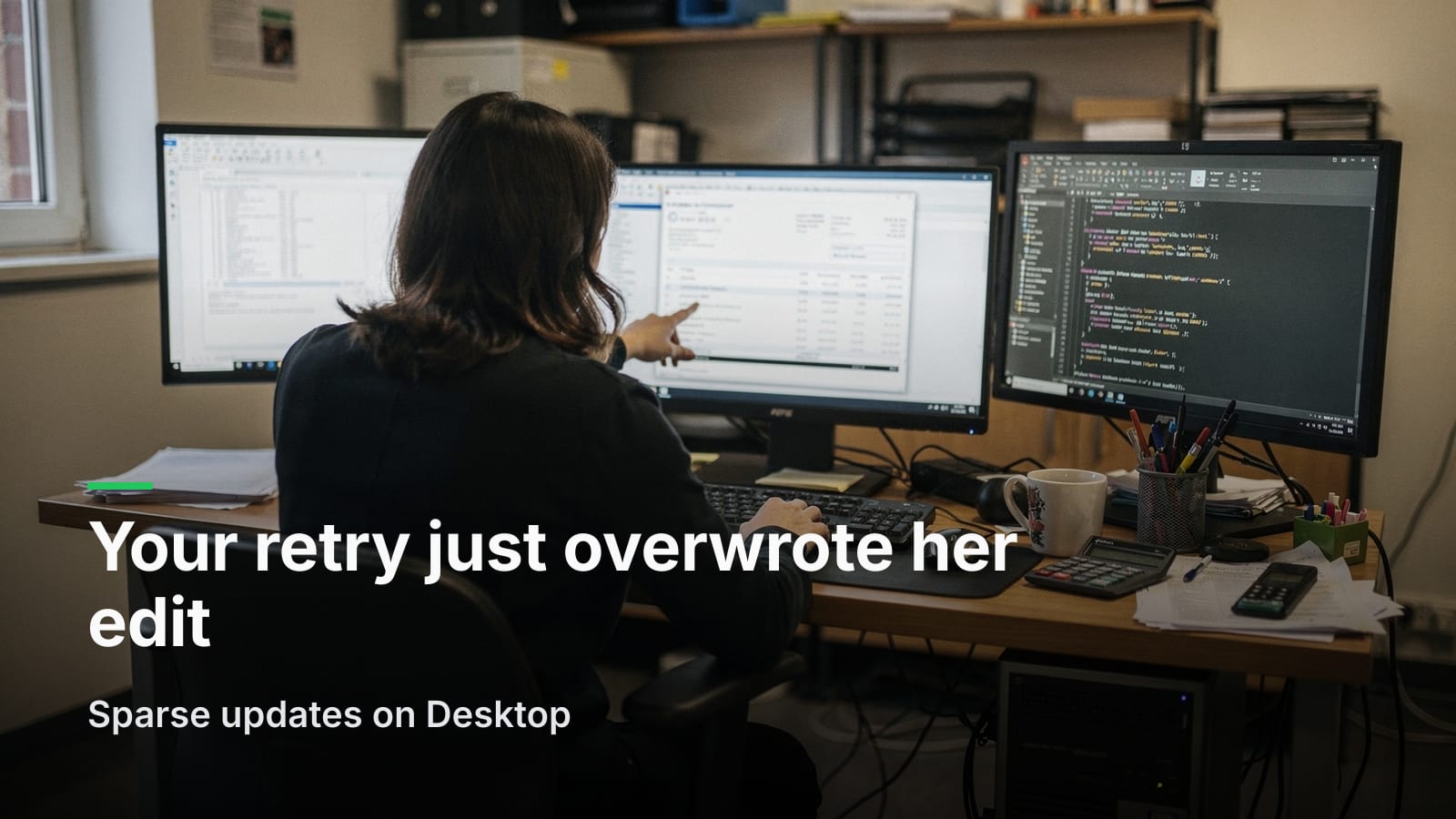 View over a bookkeeper's shoulder of an invoice on one monitor and JSON code on another