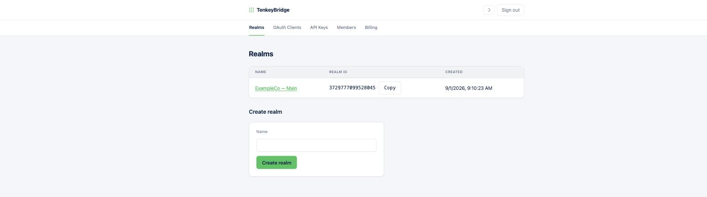 TenkeyBridge developer portal listing an organization's connected QuickBooks company files